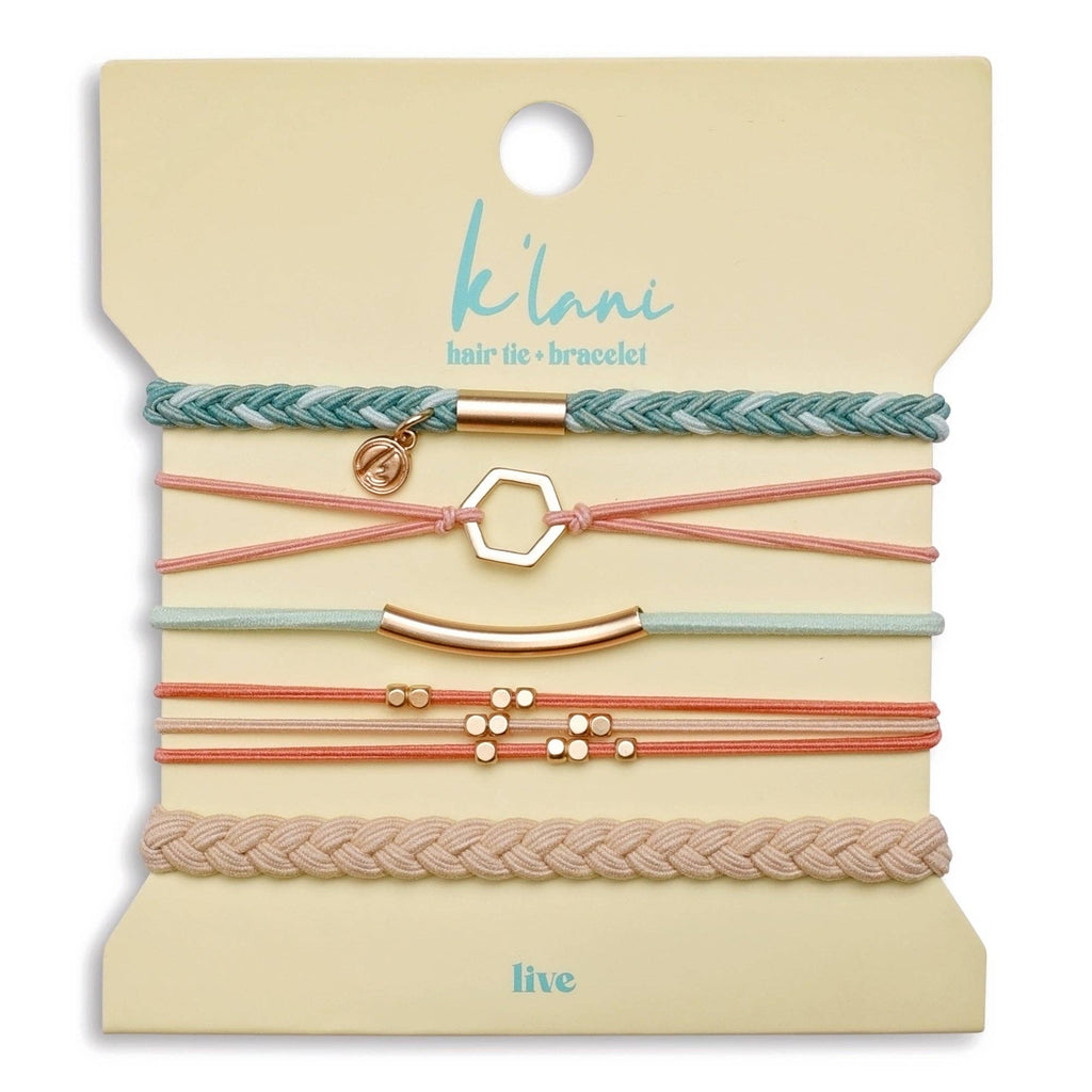 Hair Tie Bracelets-"Live" Teal & Coral with Gold Accent