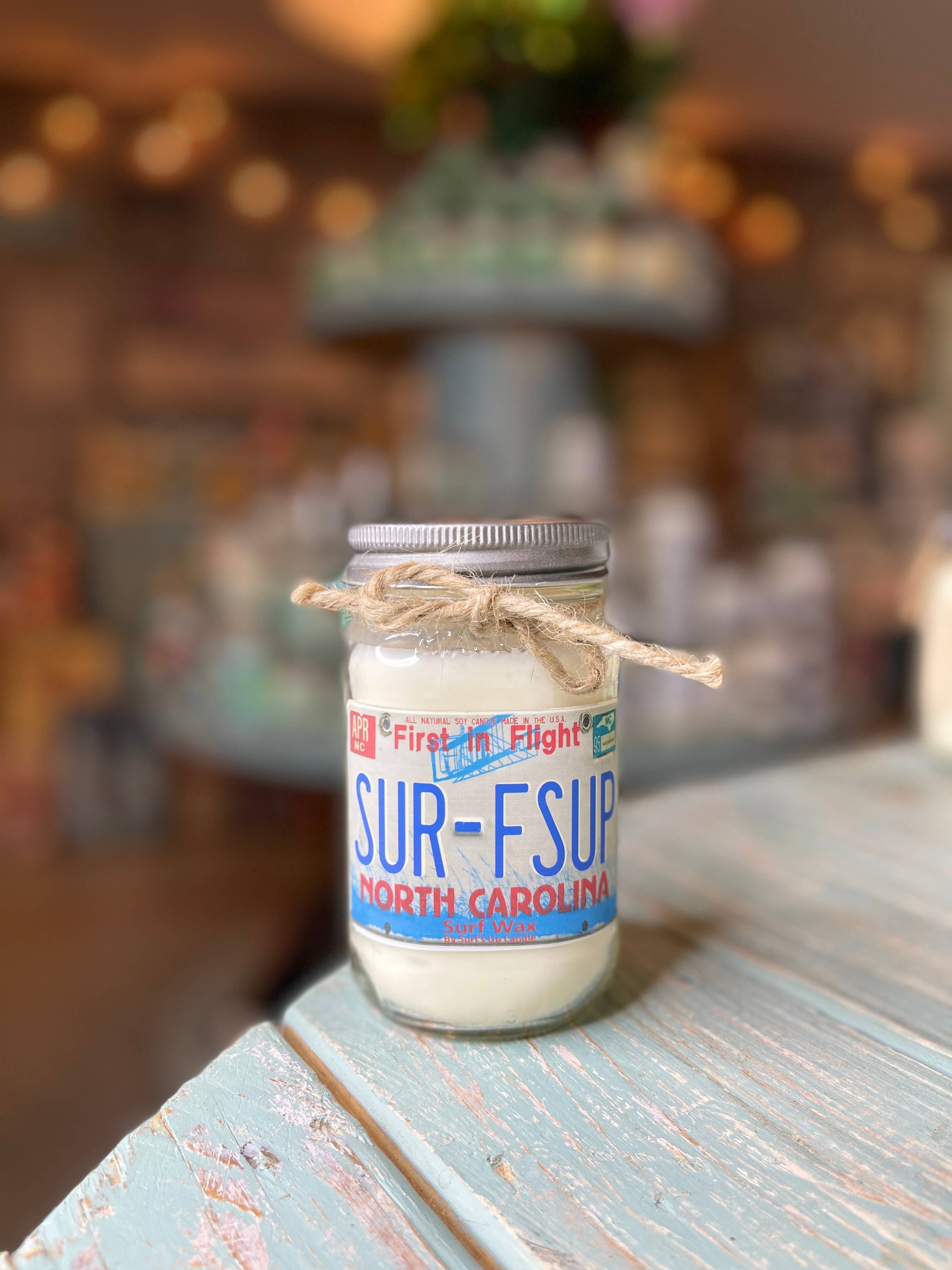SURFS UP-North Carolina License Plate Mason Jar Candle