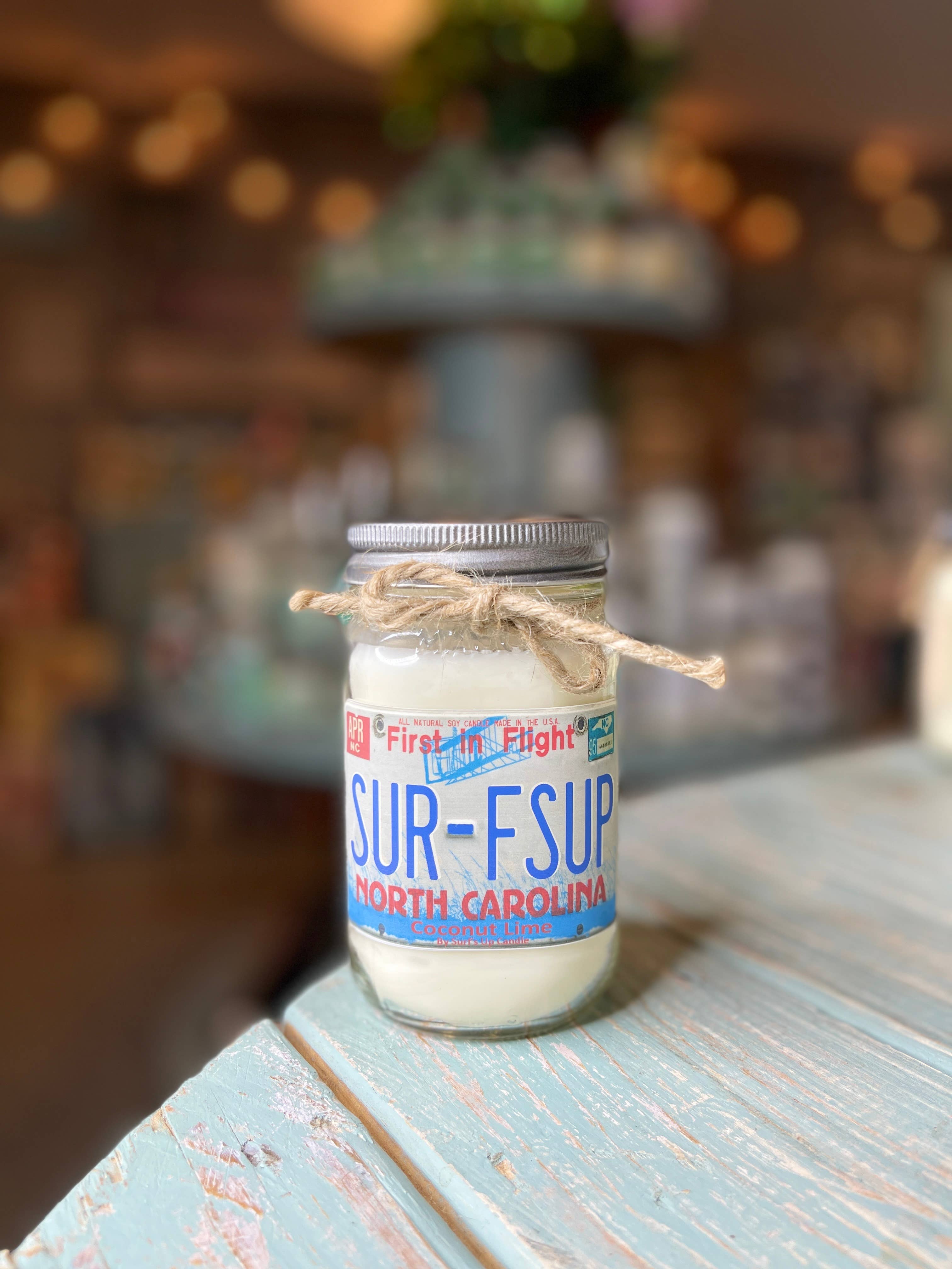 SURFS UP-North Carolina License Plate Mason Jar Candle