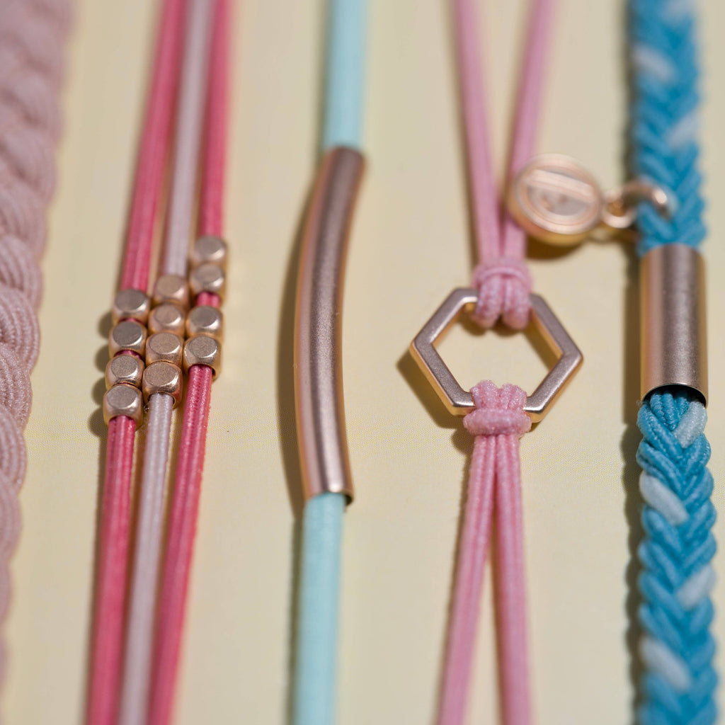Hair Tie Bracelets-"Live" Teal & Coral with Gold Accent