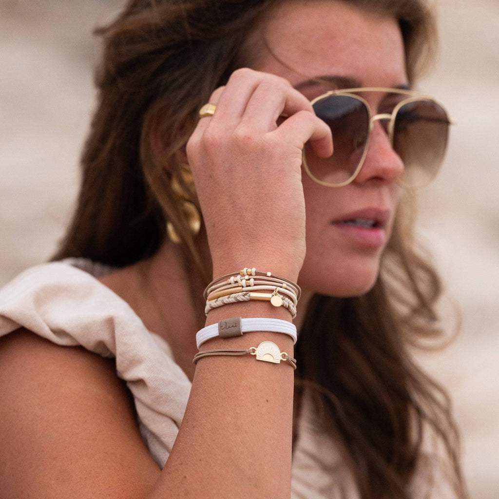 Hair Tie Bracelet-"Rise" Cream and Tan With Gold & Sun Accents