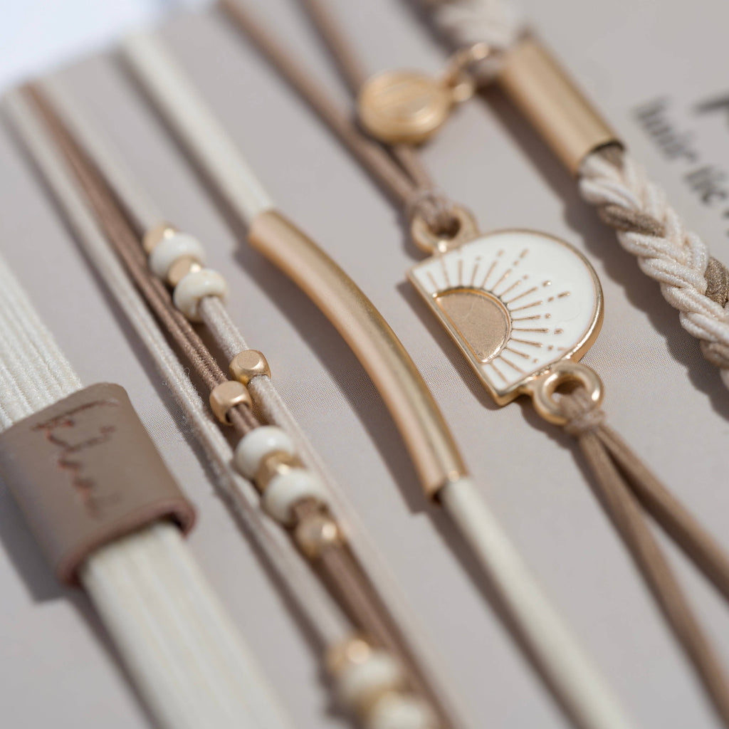Hair Tie Bracelet-"Rise" Cream and Tan With Gold & Sun Accents
