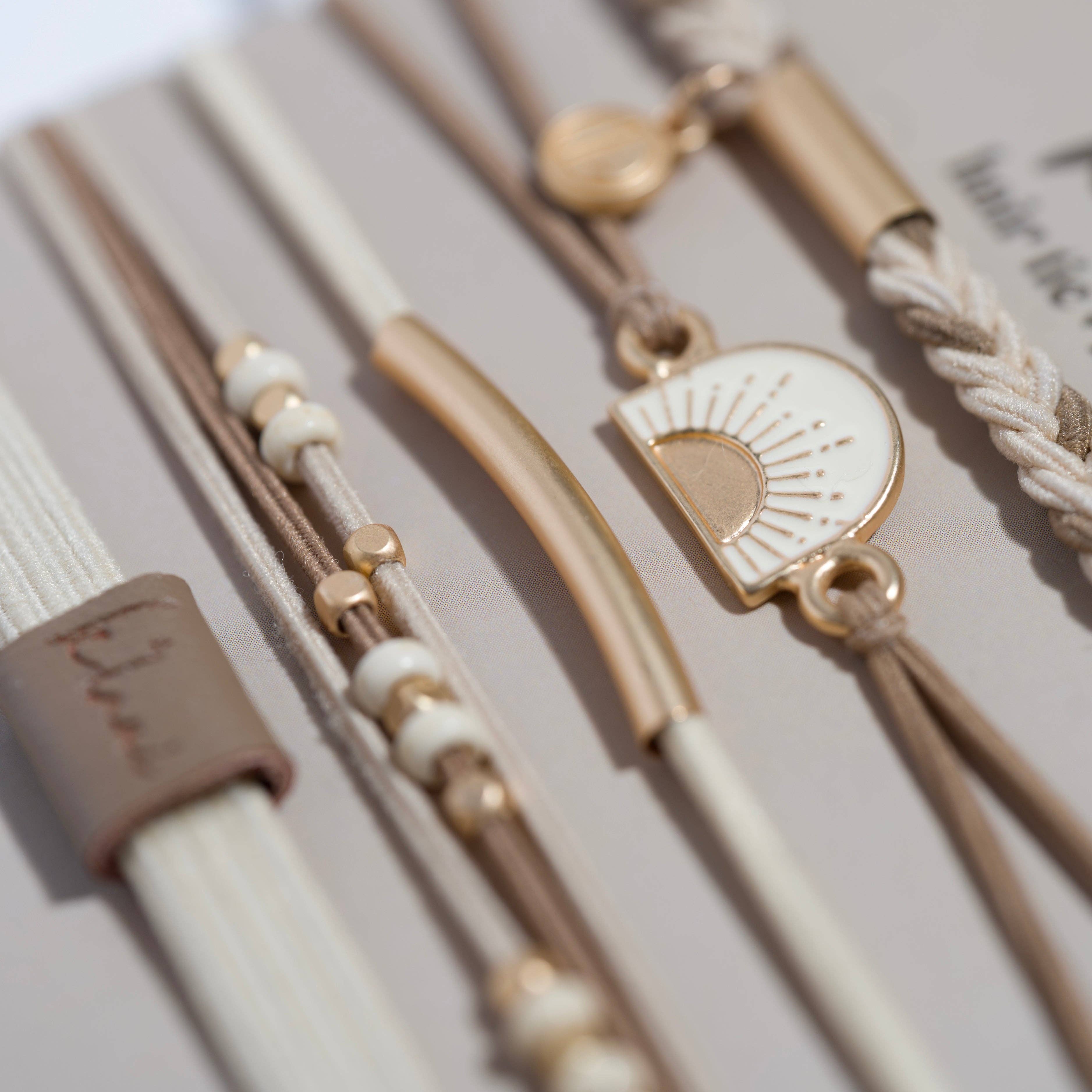 Hair Tie Bracelet-"Rise" Cream and Tan With Gold & Sun Accents