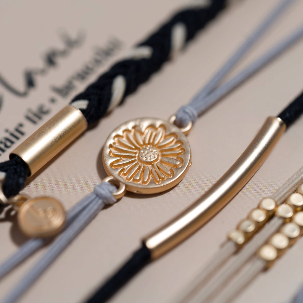 "Inspire" Grey & Black with Gold Flower Accent Hair Tie Bracelets