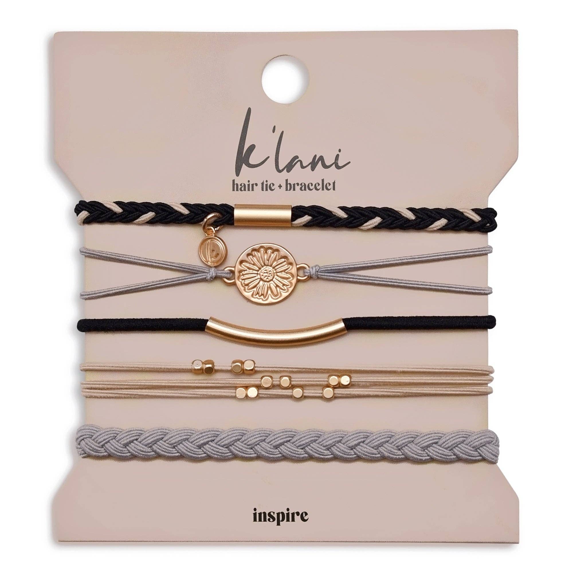 "Inspire" Grey & Black with Gold Flower Accent Hair Tie Bracelets