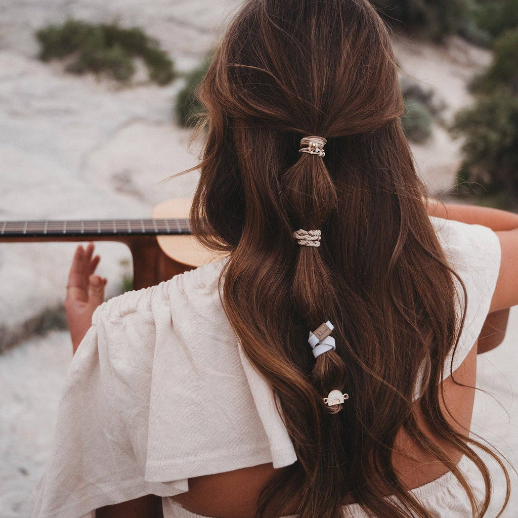 Hair Tie Bracelet-"Rise" Cream and Tan With Gold & Sun Accents
