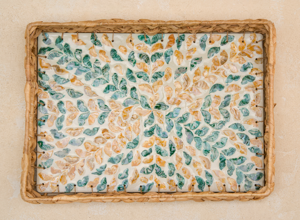 Mother of Pearl Rectangle Tray w/ Woven Rim
