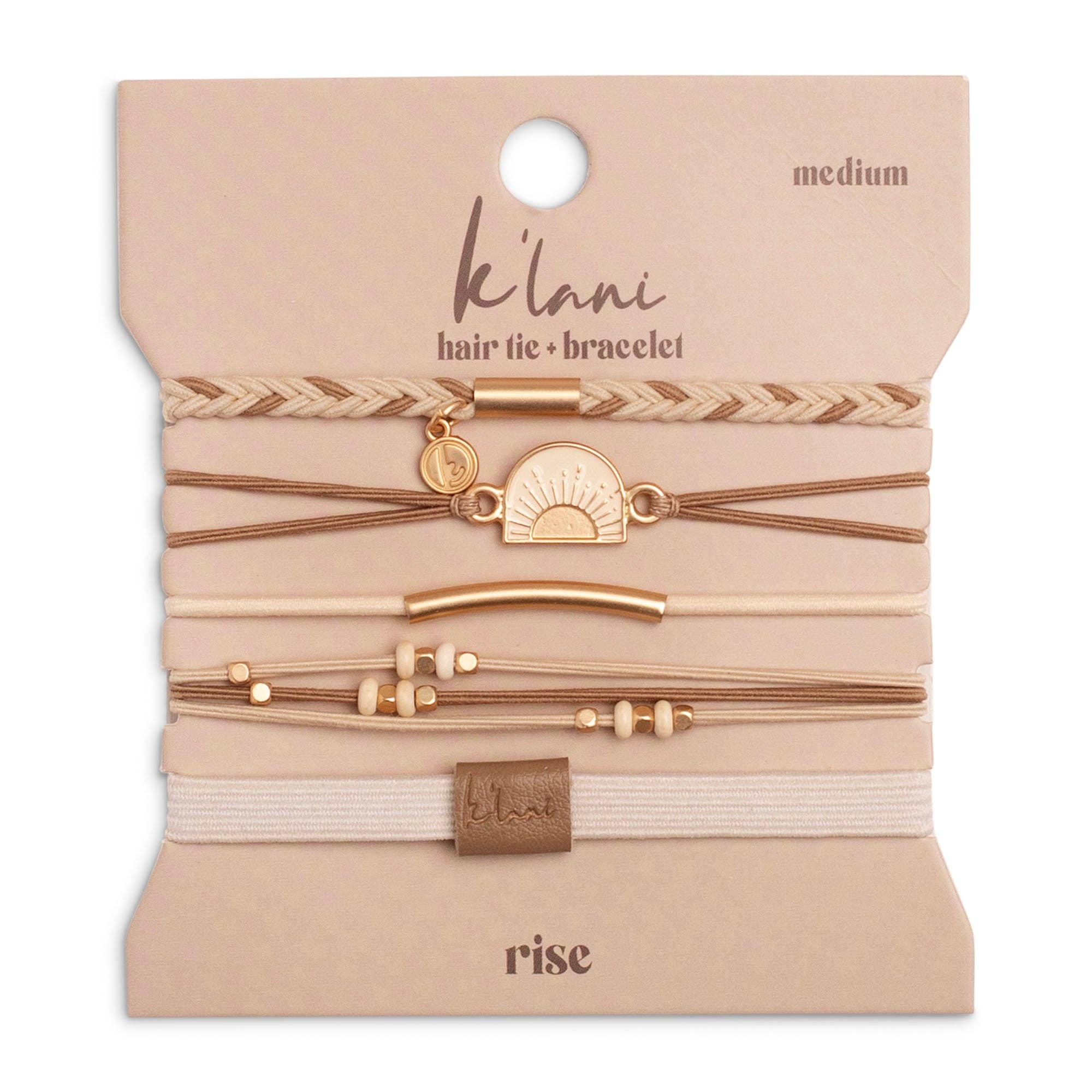 Hair Tie Bracelet-"Rise" Cream and Tan With Gold & Sun Accents