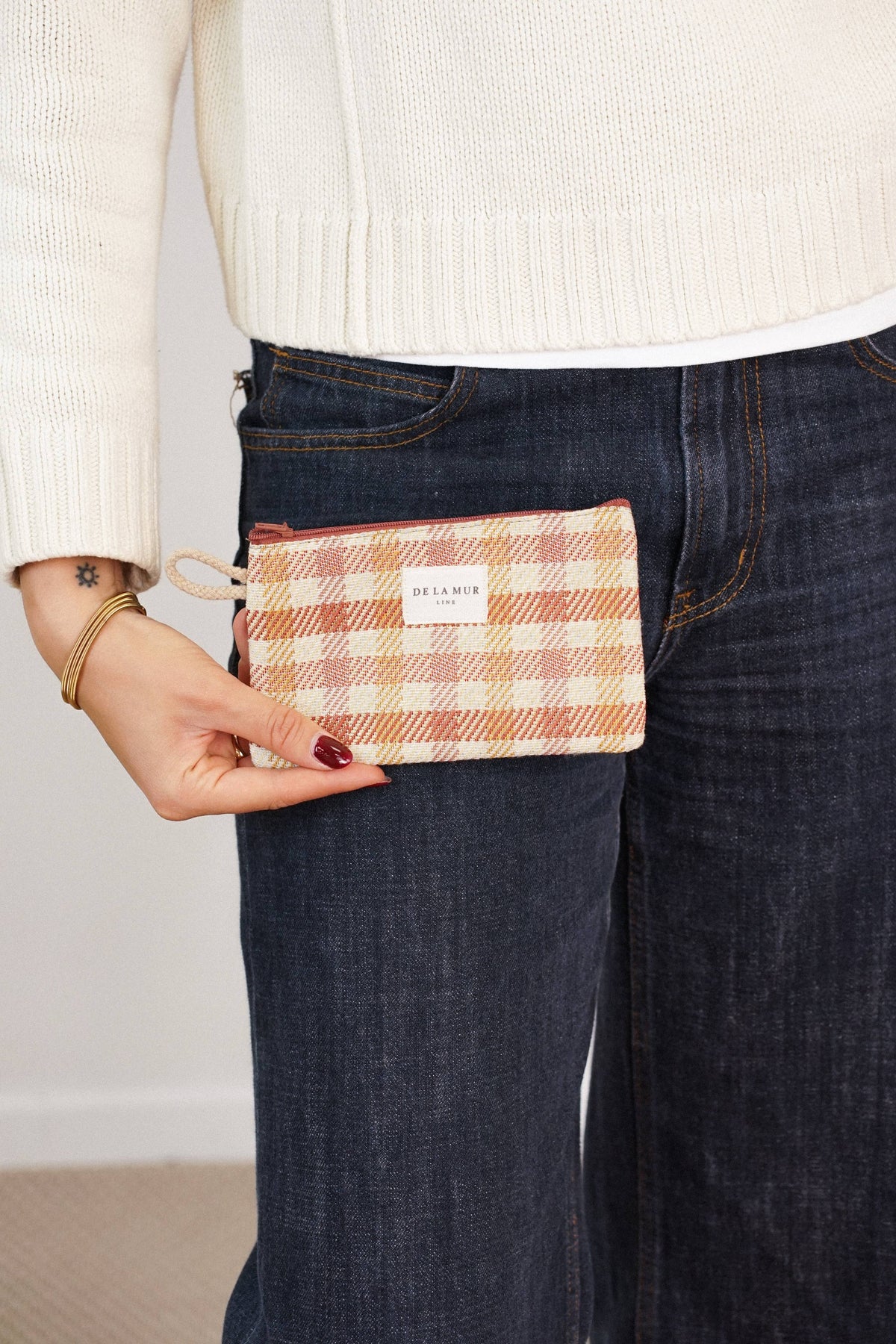 Gingham Jacquard Small Makeup Bag / Coin Purse – Terracotta & Orange (Zia)